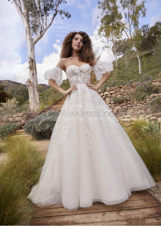 Sweetheart Neck Ivory Lace Tulle Wedding Dress With Detachable Sleeves